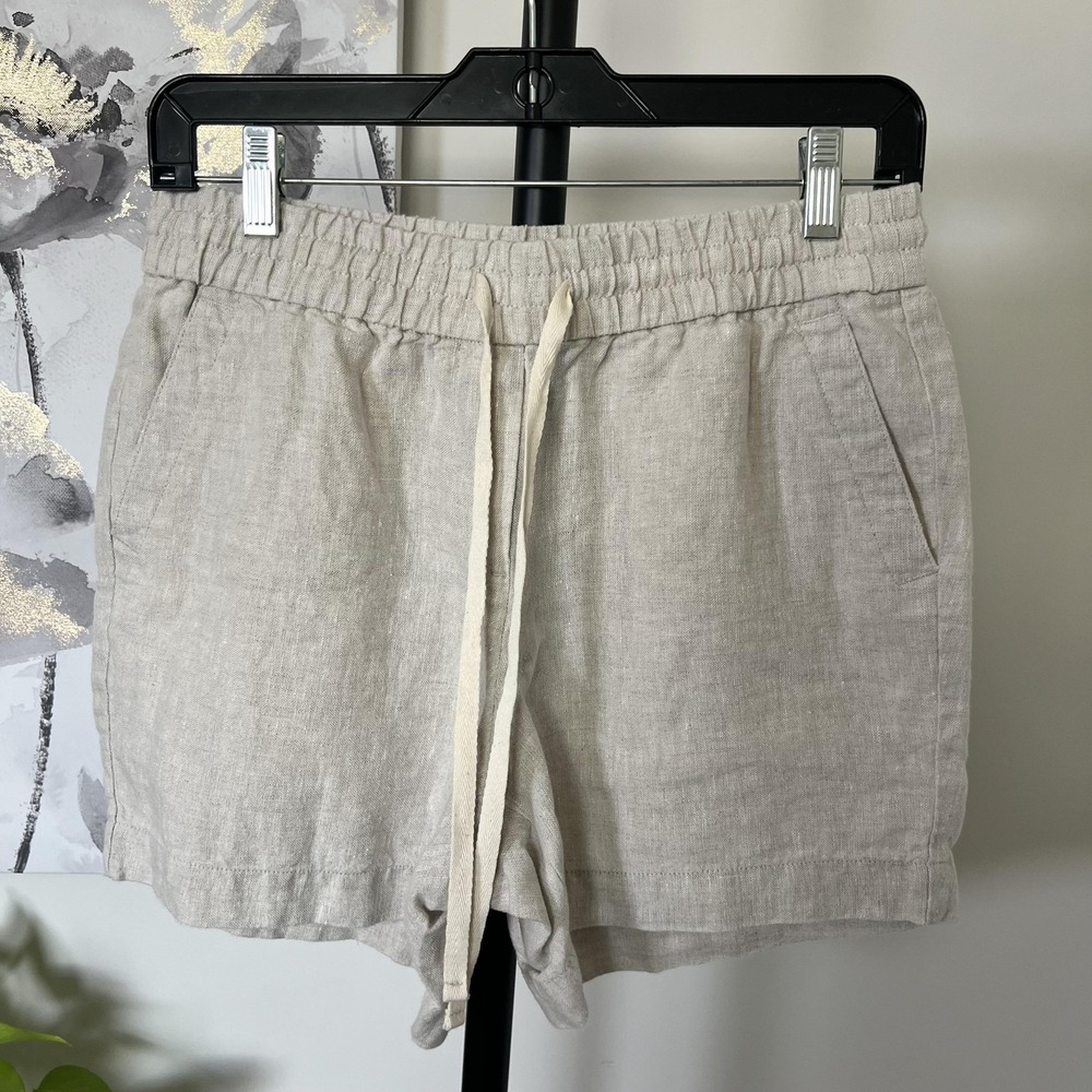Talbots Shorts Womens Petite Small Beige 100% Linen Elastic Waist Drawstring